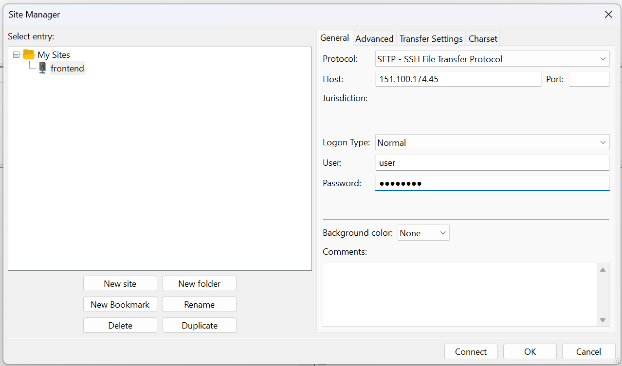 Example of FileZilla's site manager